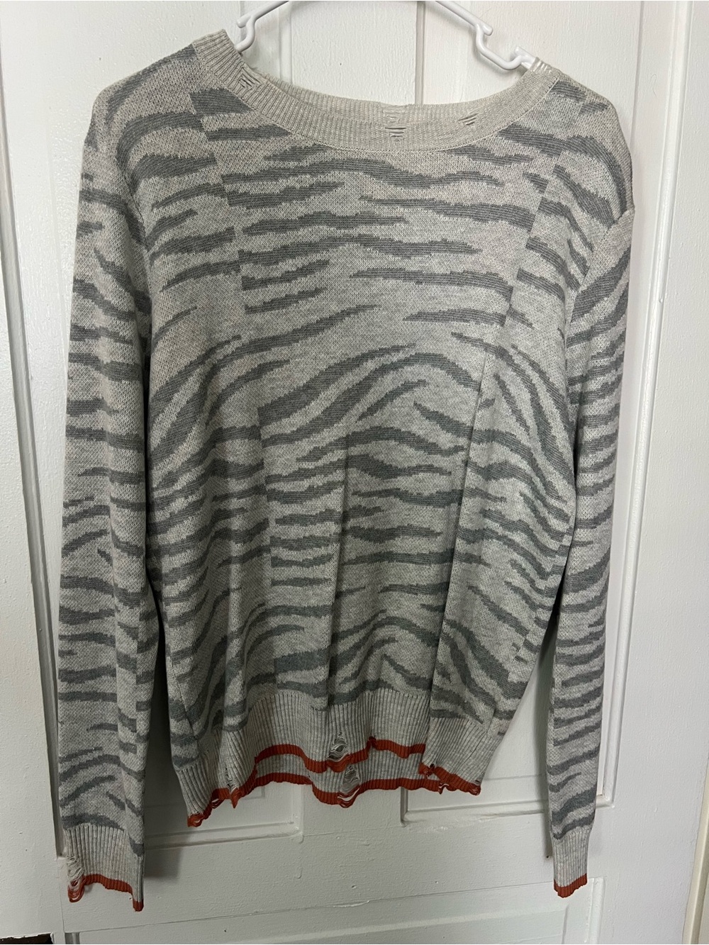 Fate Light Gray and Charcoal Zebra-Print Sweater with Rust Trim